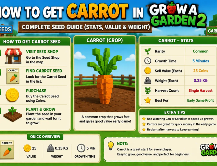 How to Get Carrot in Grow a Garden 2 – Complete Seed Guide (Stats, Value & Weight)