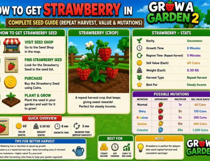 How to Get Strawberry in Grow a Garden 2 – Complete Seed Guide (Repeat Harvest, Value & Mutations)