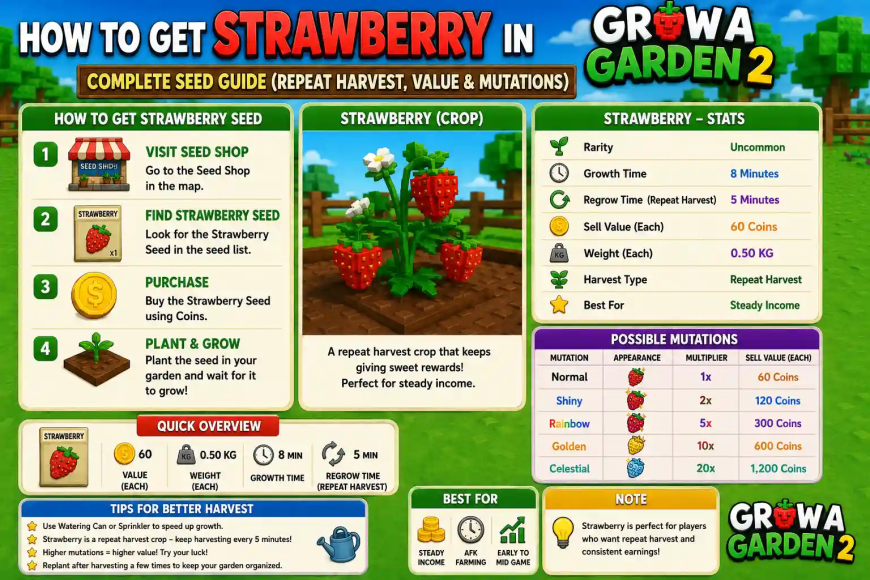 How to Get Strawberry in Grow a Garden 2 – Complete Seed Guide (Repeat Harvest, Value & Mutations)
