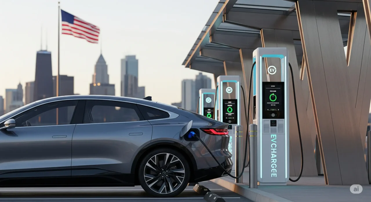 Electric car charging at a station